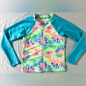 Wonder Nation Girls Rash Guard Swim Top Size 10/12 Long Sleeve Zip Front Tie-Dye